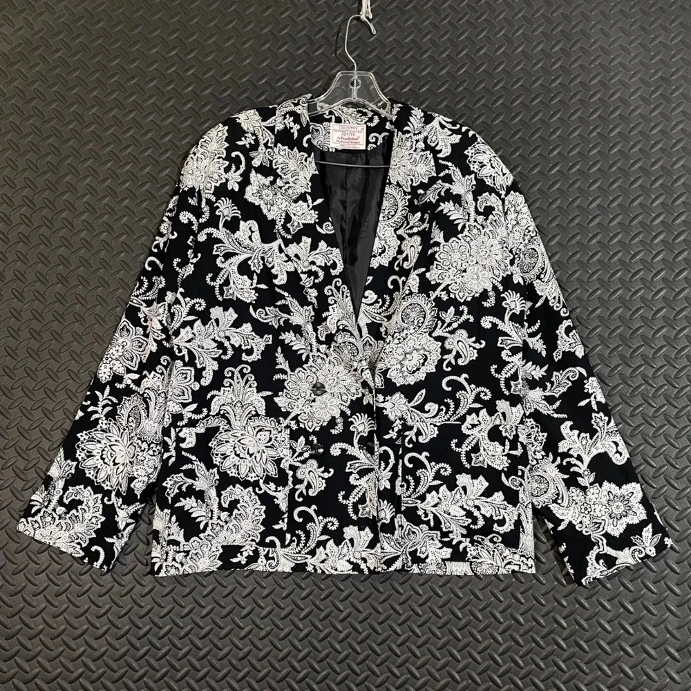 VTG Pendleton Country Sophisticates‎ Petite Black White Floral Blazer Jacket 12